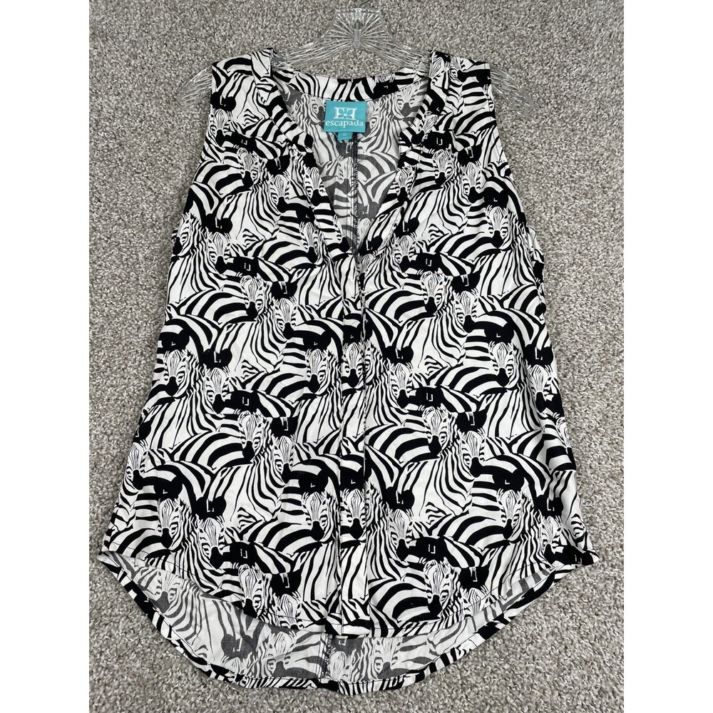Escapada Living Zebra Print Sleeveless Blouse V-Neck Button Front Small Rayon